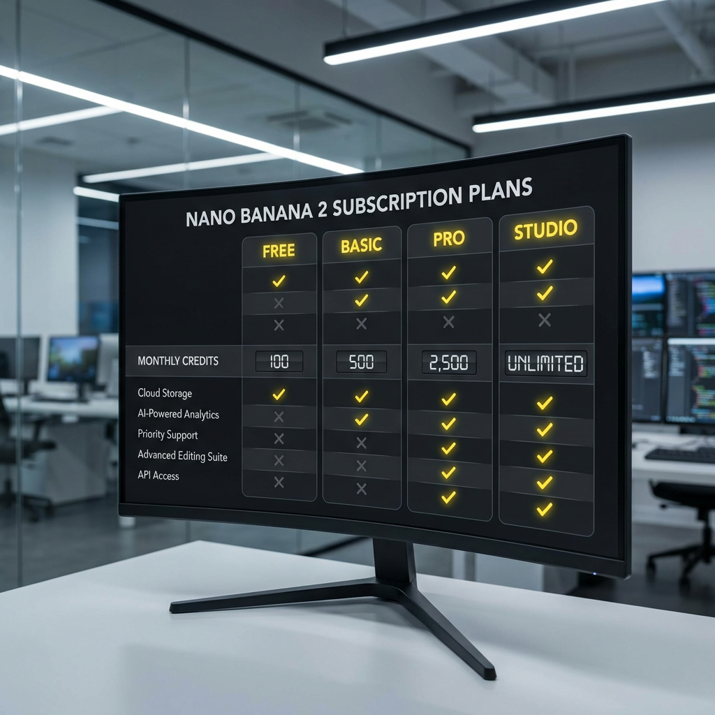 Side-by-side feature comparison chart of Nano Banana 2 subscription plans showing credits, features and pricing for each Nano Banana 2 monthly tier