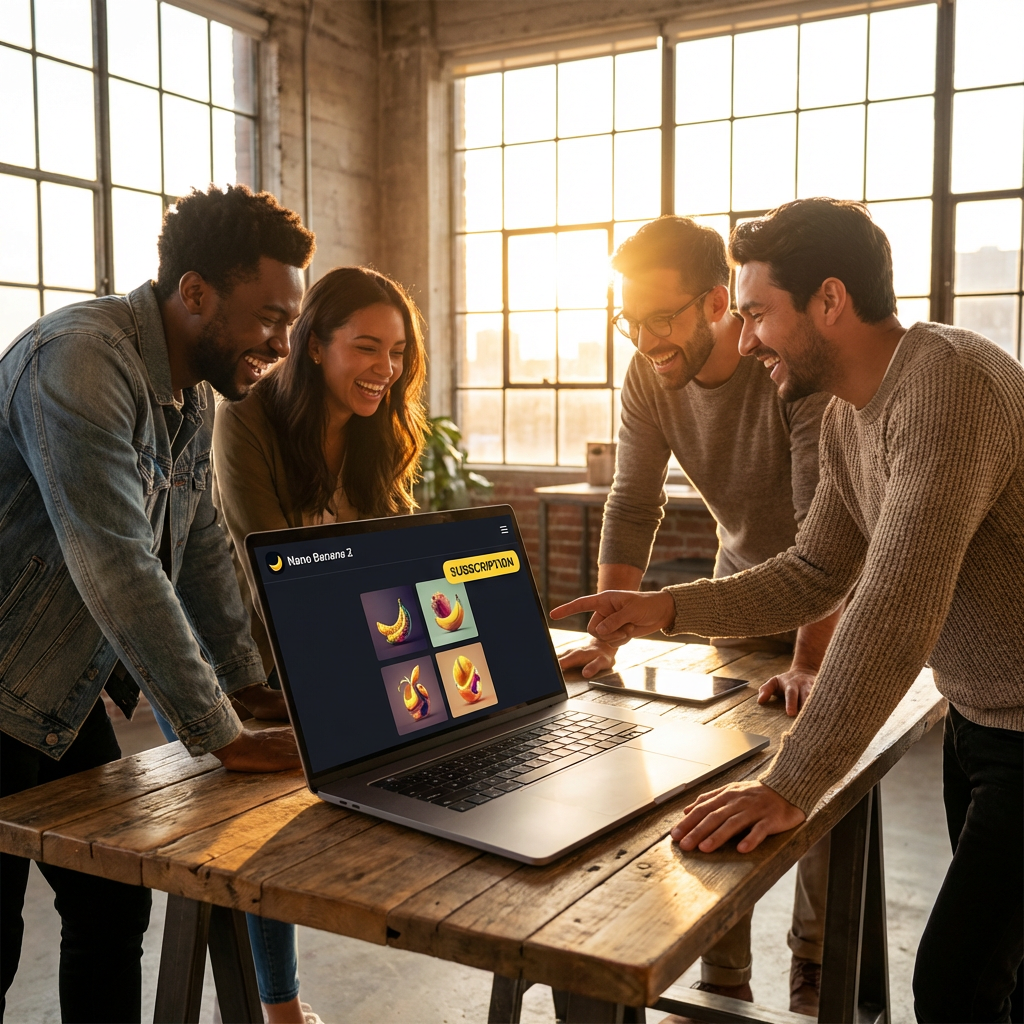 Creative team using Nano Banana 2 in a modern studio with a Pro subscription badge active — Nano Banana 2 subscription in real professional use