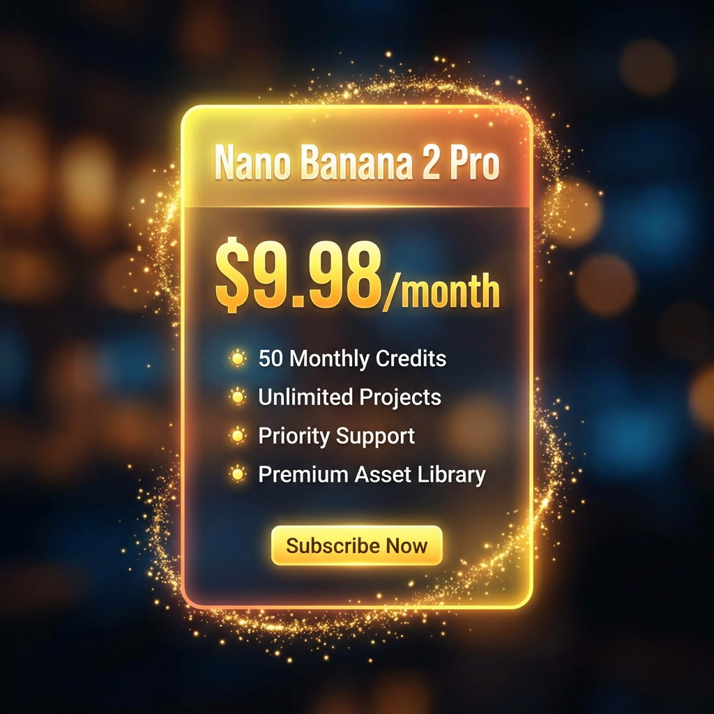Highlighted Nano Banana 2 Pro subscription pricing card showing $9.98 per month with monthly credits and premium subscription features