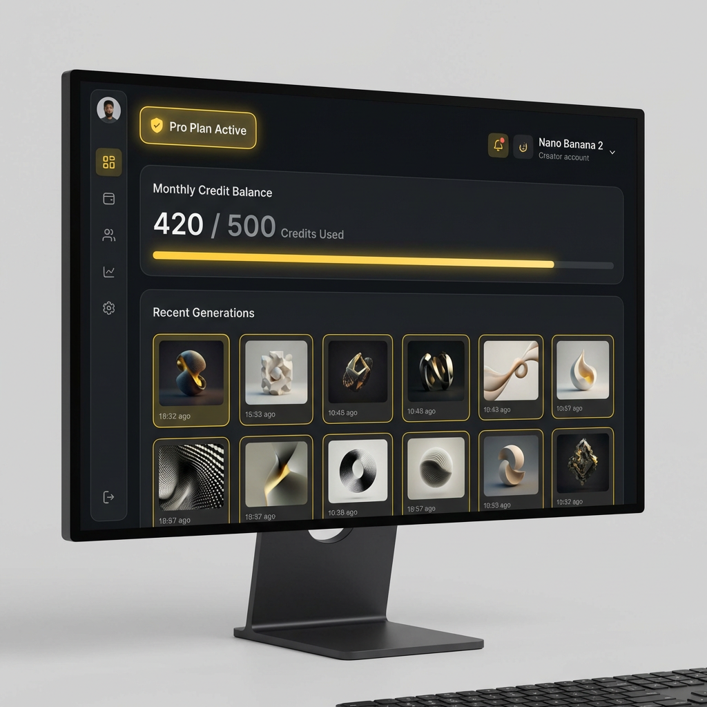 Creator dashboard showing an active Nano Banana 2 Pro subscription with monthly credit balance, usage progress bar and recent generations