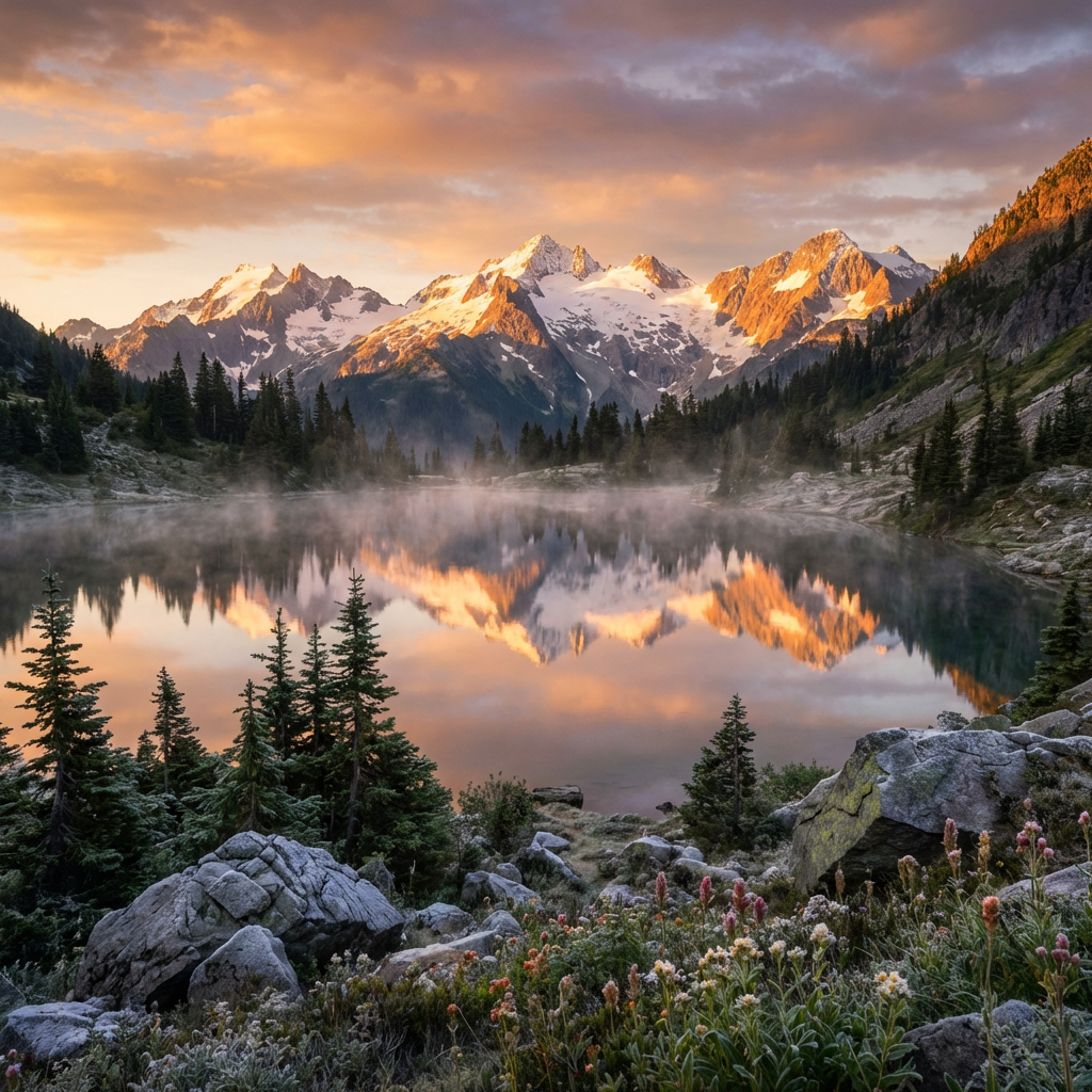 Free Nano Banana Pro 4K cinematic landscape generation — mountains and lake at golden hour, nano banana pro free 4k