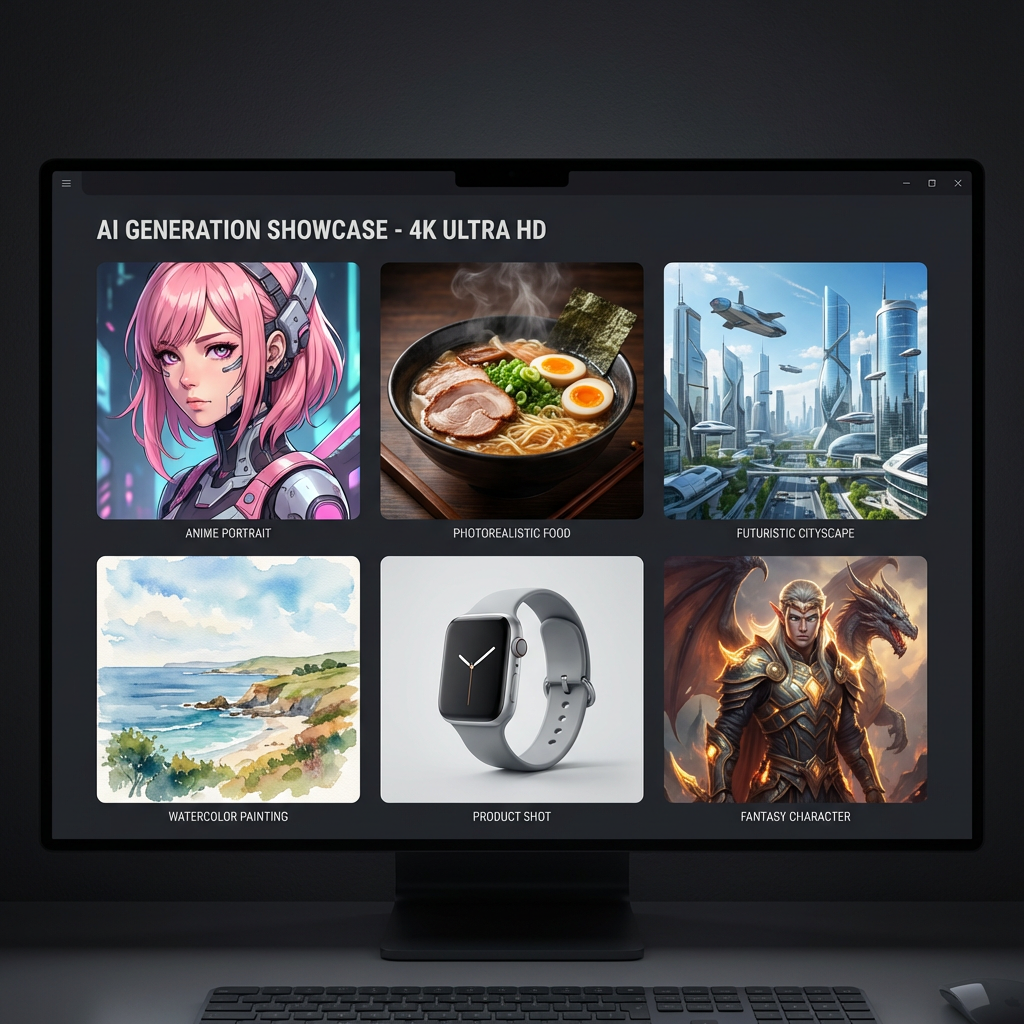 Showcase grid of 6 4K images generated by Nano Banana Pro free — anime, food, cityscape, watercolor, product, fantasy