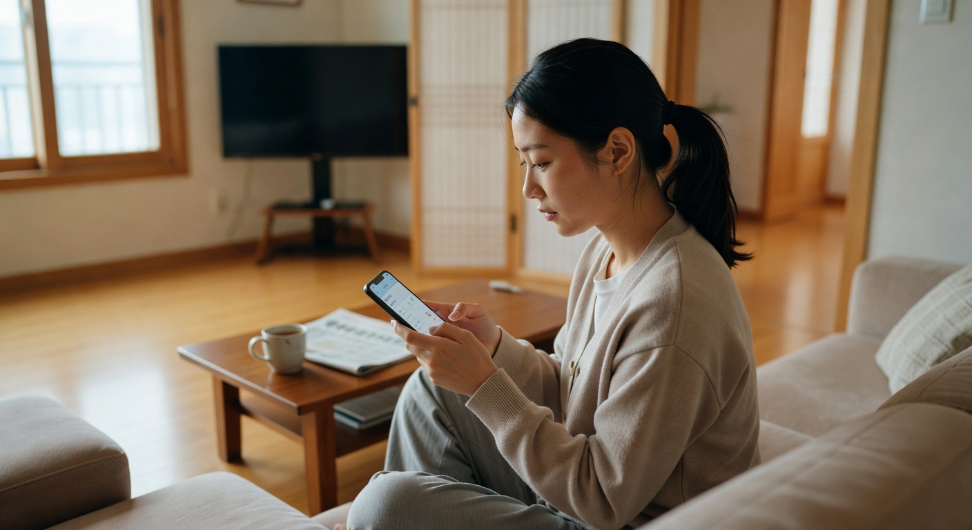 person using a smartphone banking app in a Korean living room