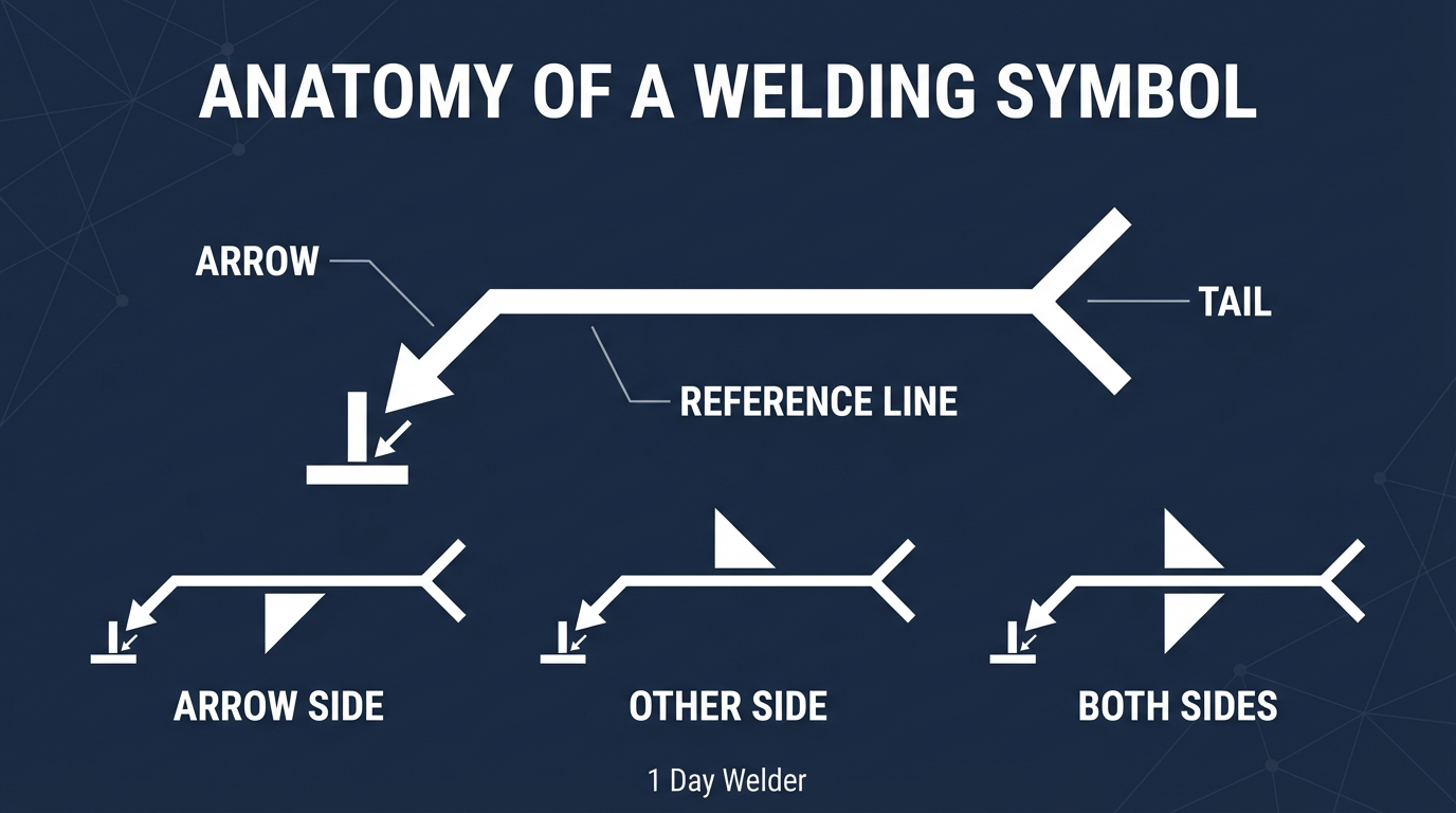 Anatomy of a welding symbol — arrow, reference line, tail — with three side-placement examples (arrow side, other side, both sides) labeled clearly