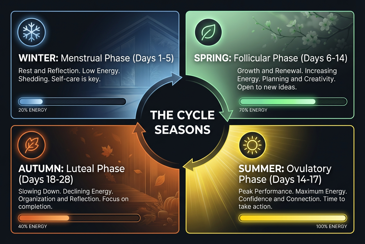 An infographic titled The Cycle Seasons showing the four phases of the menstrual cycle mapped to winter, spring, summer, and autumn seasons.