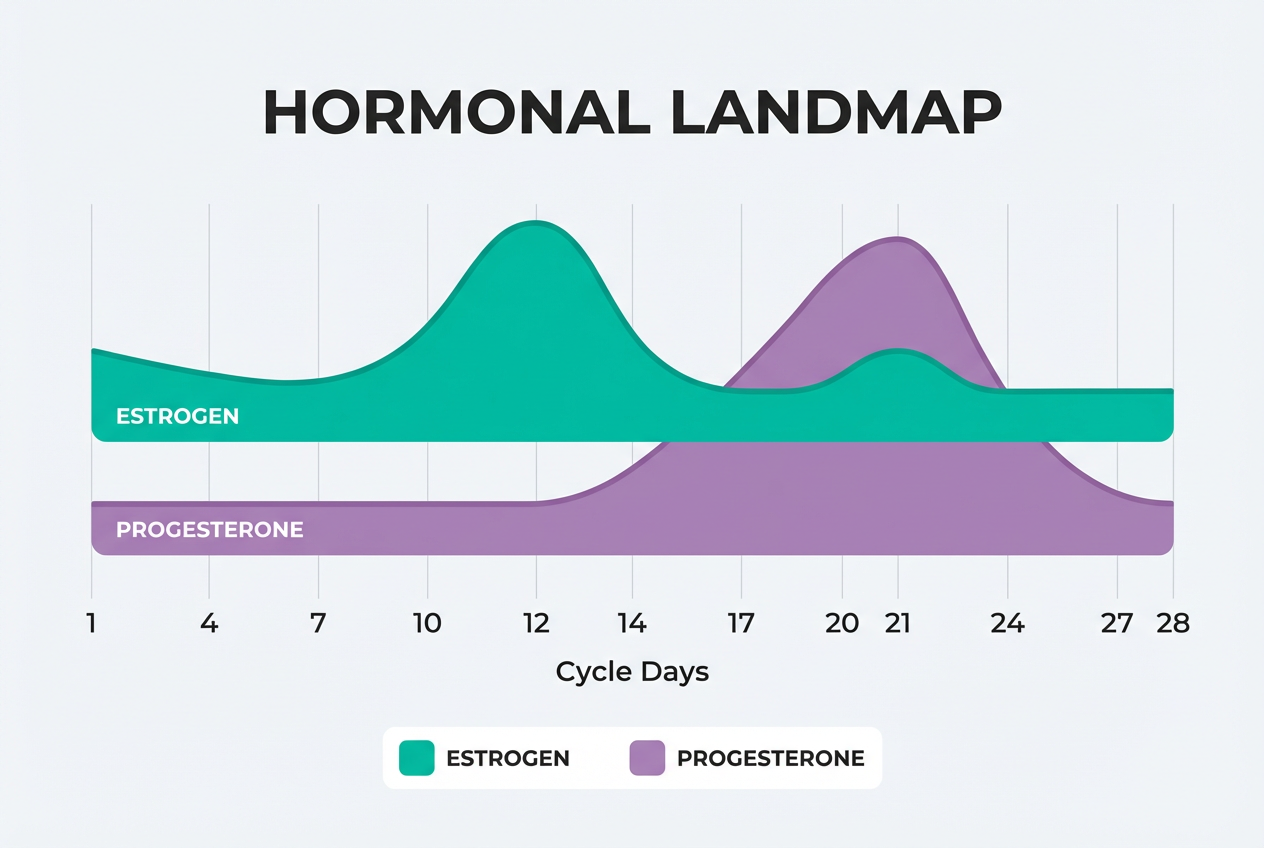 A professional hormone chart showing the rising and falling levels of estrogen and progesterone across a standard twenty-eight day menstrual cycle.