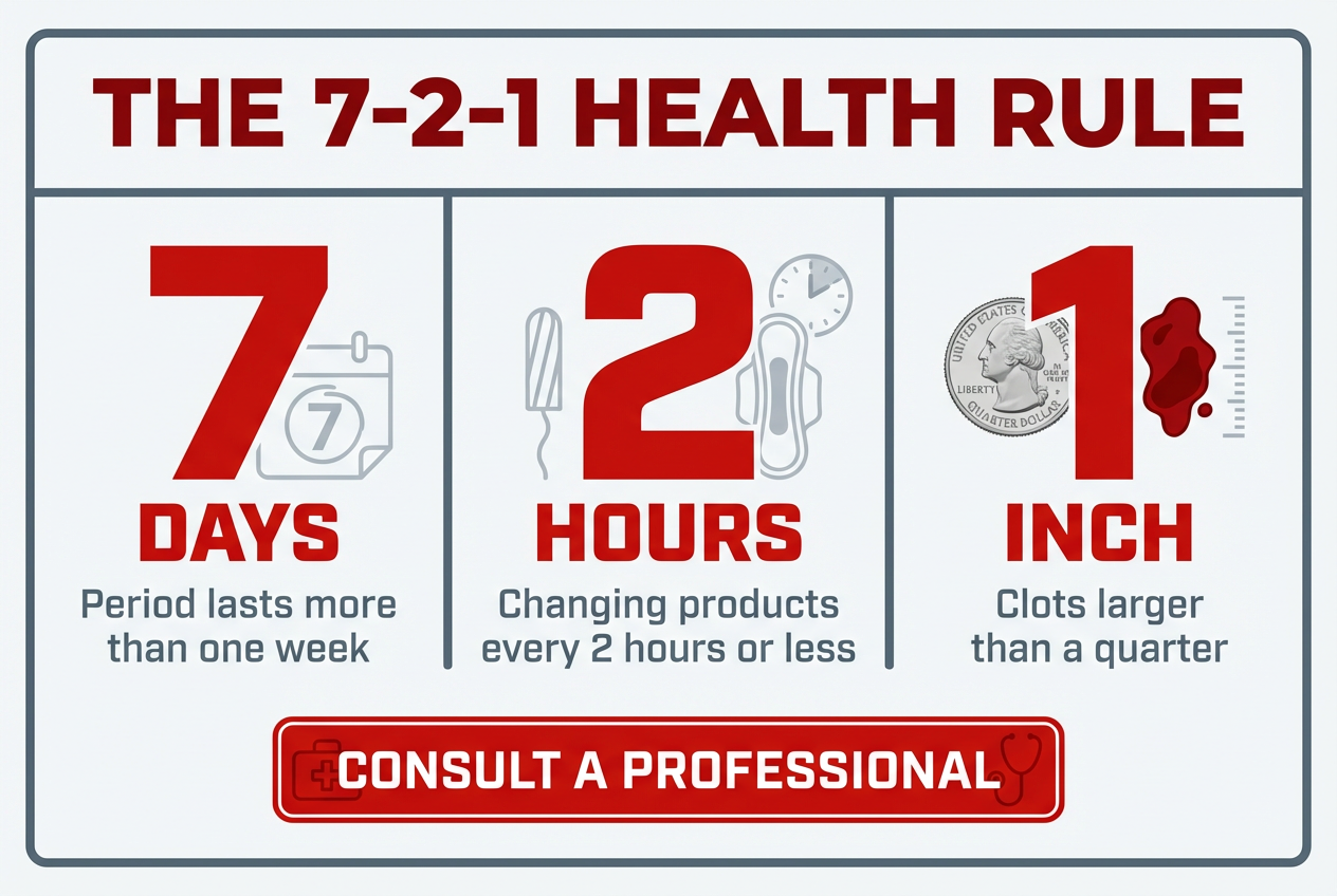 A medical infographic explaining the 7-2-1 rule for menstrual health, highlighting red flags like heavy bleeding and large blood clots.