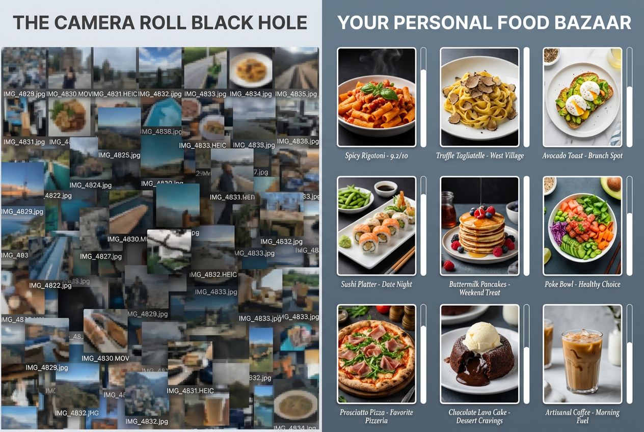Comparison between a messy, unorganized smartphone camera roll and a curated, tagged digital food bazaar gallery with dish-specific ratings.