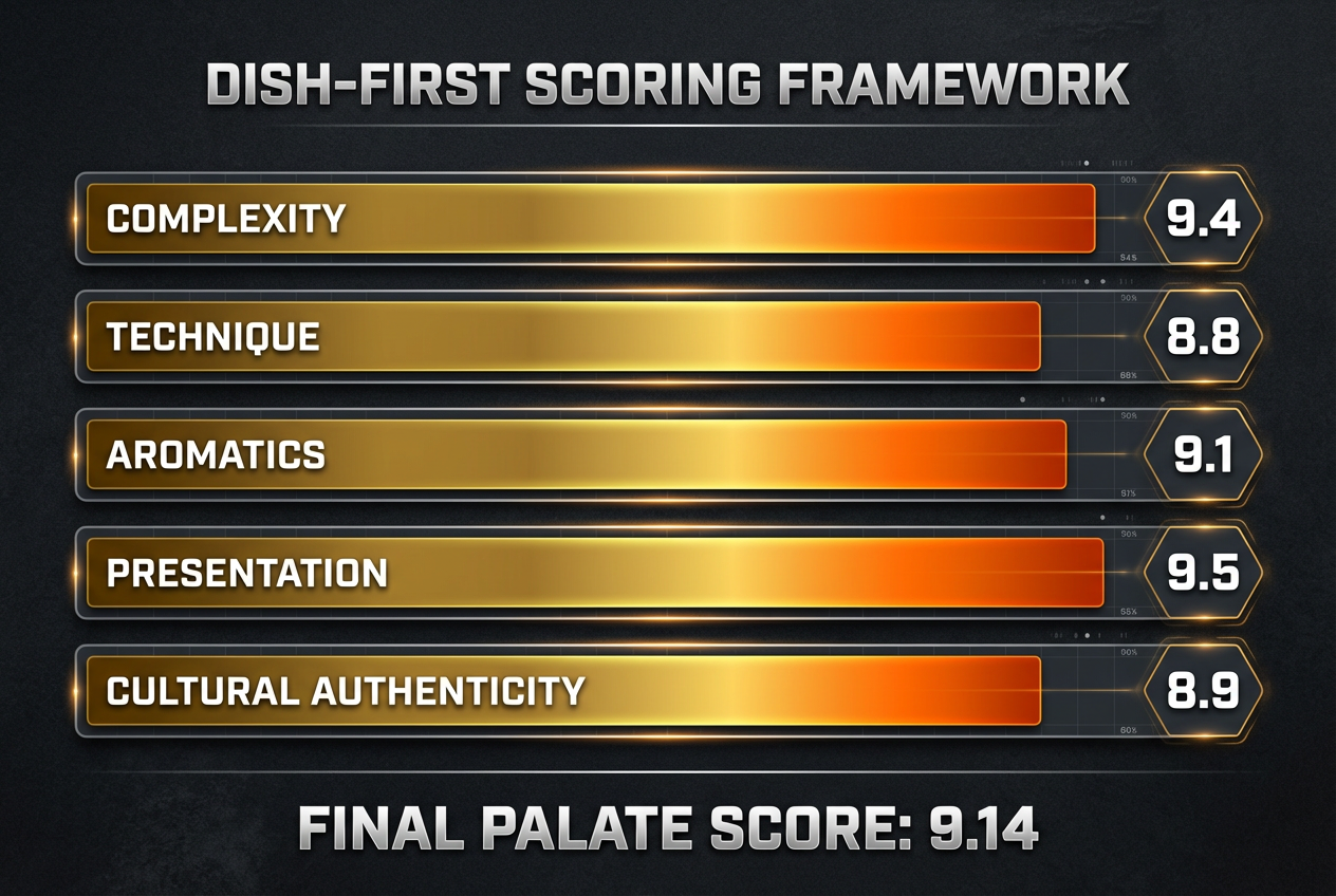 A sophisticated 10-point palate scoring framework showing categories like Complexity, Technique, and Aromatics with progress bars and numerical values.