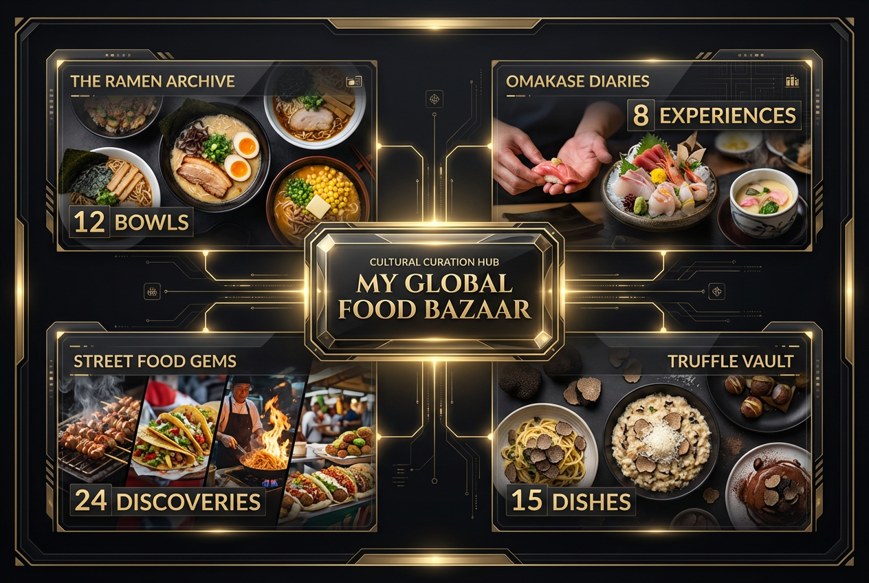 A digital curation dashboard showing various food collections like Ramen Archive and Omakase Diaries organized into a central personal bazaar.