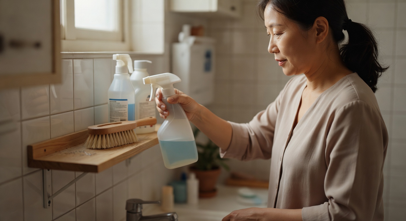 cleaning supplies including spray bottle and brush on bathroom shelf