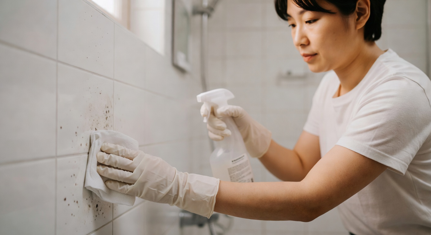 person cleaning mold on white bathroom wall with spray bottle and gloves