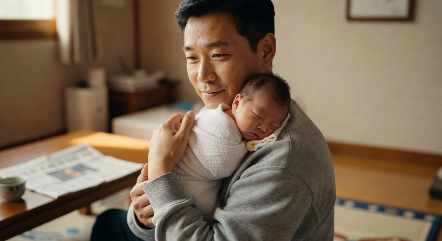Korean father holding a newborn upright against his shoulder after feeding