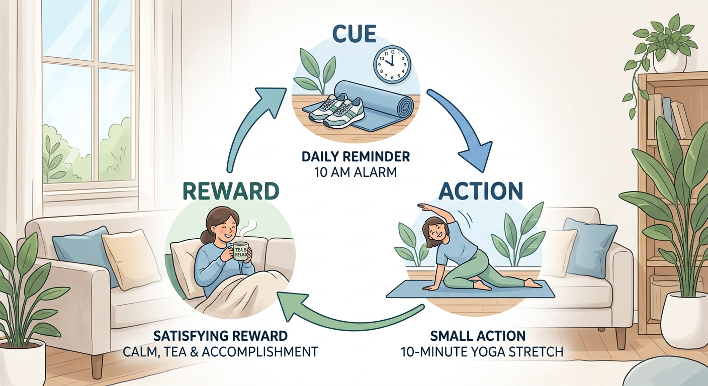 A clean, modern illustrated scene showing a simple habit loop, with a visible cue leading to a small action and a satisfyi...