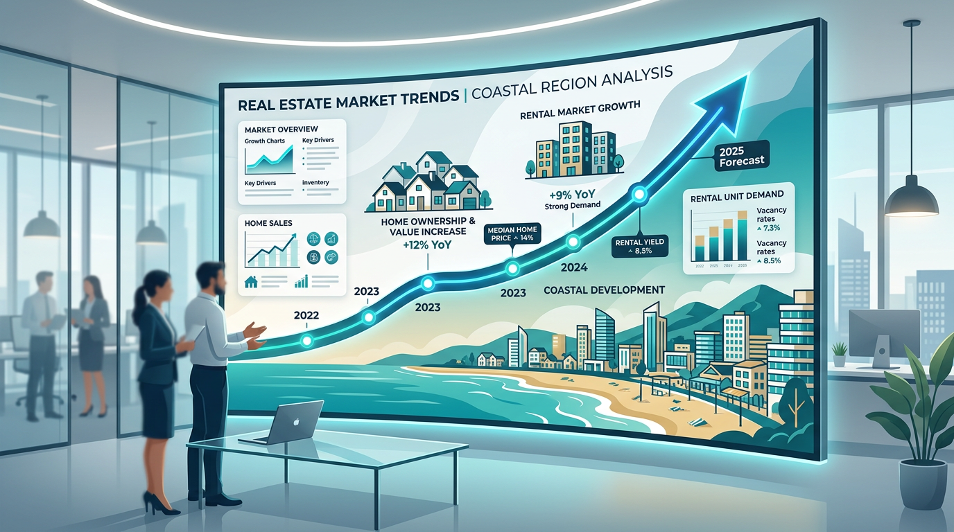 Modern infographic-style illustration showing a rising market curve, home icons, rental units, and a coastline silhouette,...