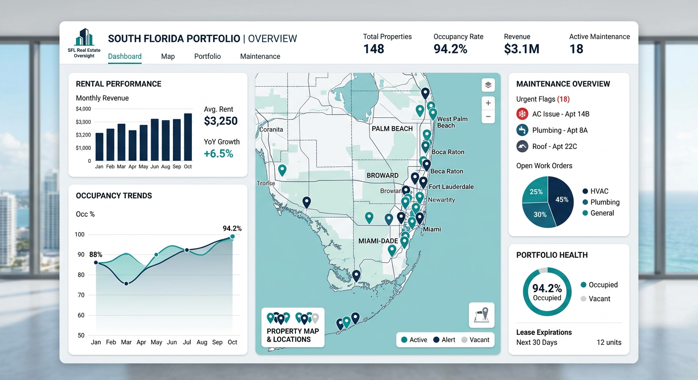 A clean, modern illustrative dashboard showing rental performance, occupancy trends, maintenance flags, and property locat...
