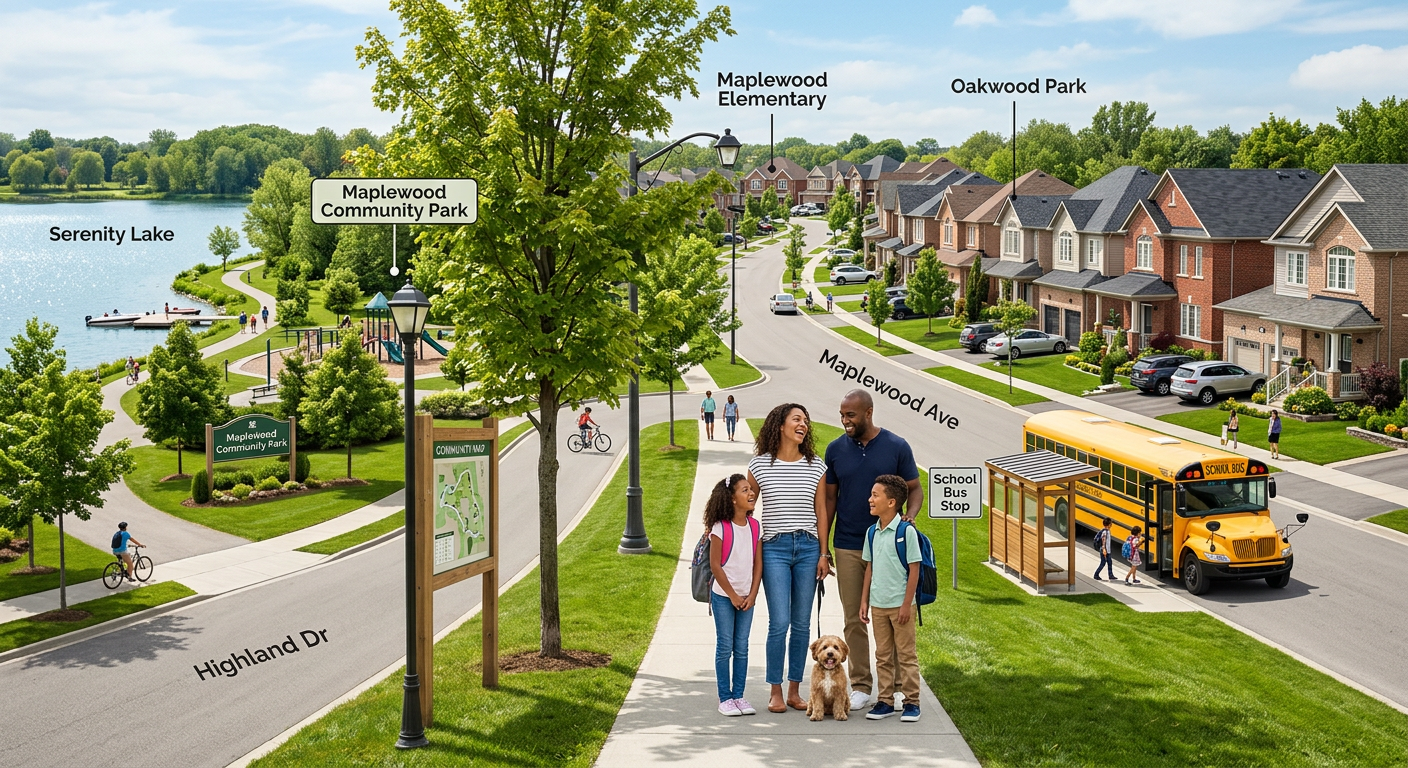 A modern photorealistic neighborhood map-style scene showing a family standing near a tree-lined street with a park, schoo...