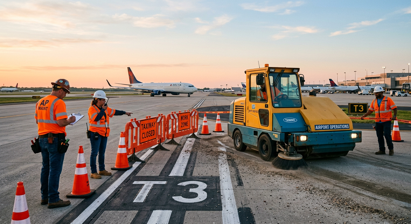 Mid-scene photorealistic image of an airport maintenance team coordinating a mechanical broom sweeper near a taxiway closu...