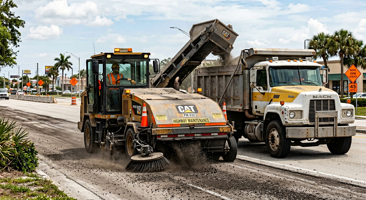 Photorealistic in-content scene of a mechanical broom sweeper loading dense milling debris into a hopper on a Florida road...