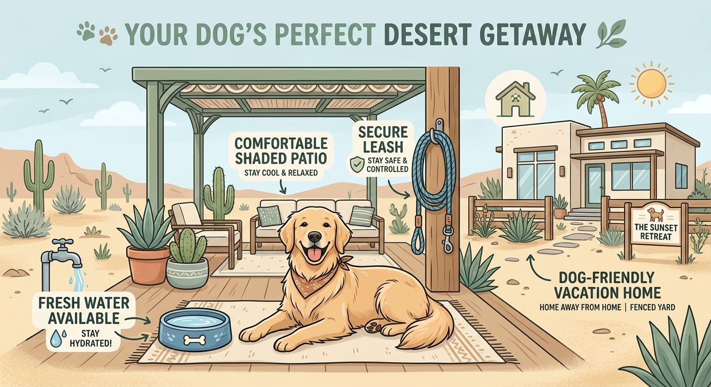 Modern infographic style scene showing a happy dog, water bowl, leash, shaded patio, and vacation home icons arranged in a...