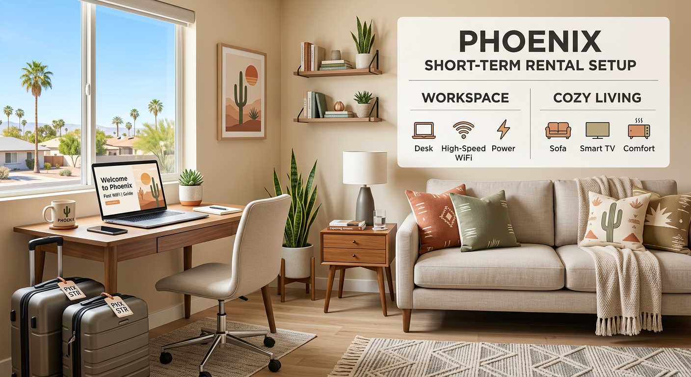 Modern infographic-style interior scene showing a Phoenix short-term rental setup with a desk, laptop, luggage, coffee, an...