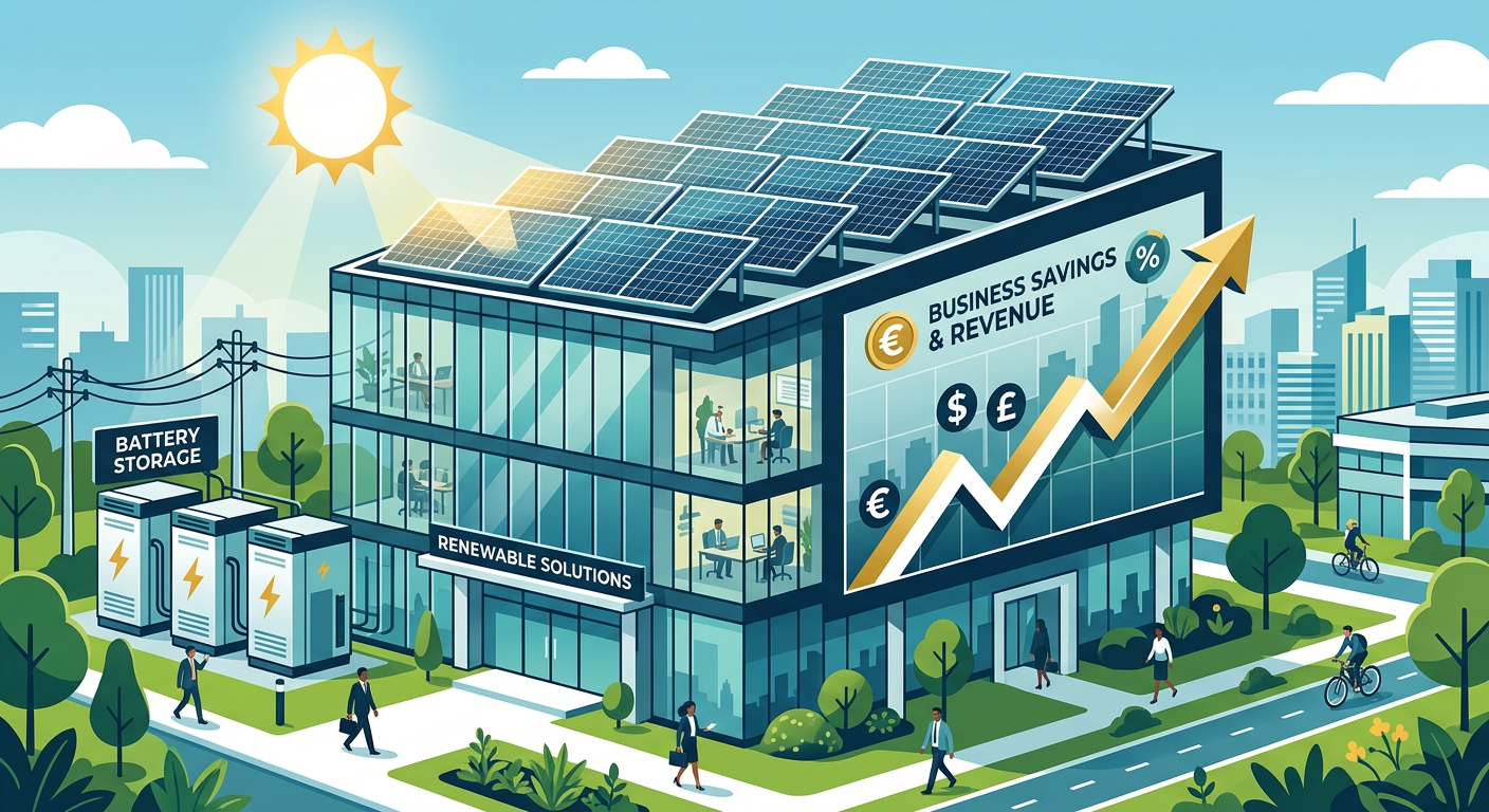 Modern illustration of a business building with solar panels, battery storage, and a simple upward financial trend line, c...