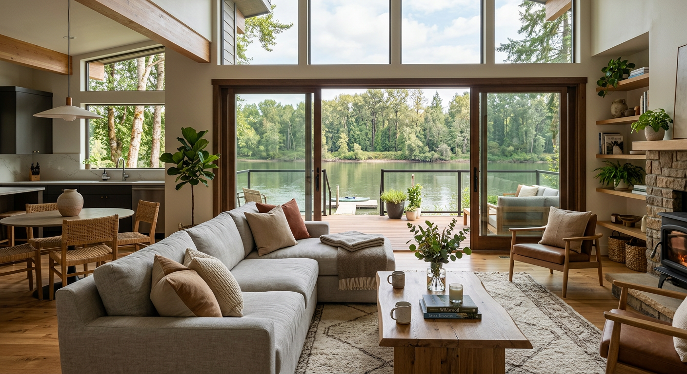 Modern, inviting interior of a spacious riverside vacation rental with large windows, natural light, neutral tones, cozy s...