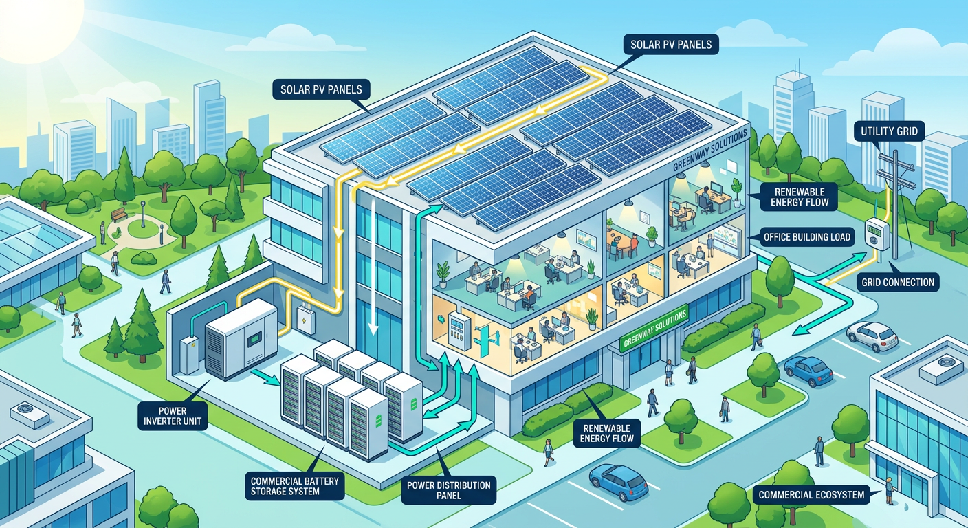 Modern isometric-style illustration of a commercial solar-plus-storage setup, showing rooftop panels feeding energy into a...