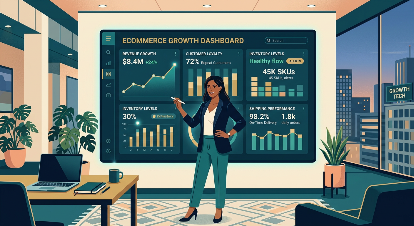 Modern illustrative scene of an ecommerce growth dashboard on a large wall display, showing rising revenue, repeat custome...