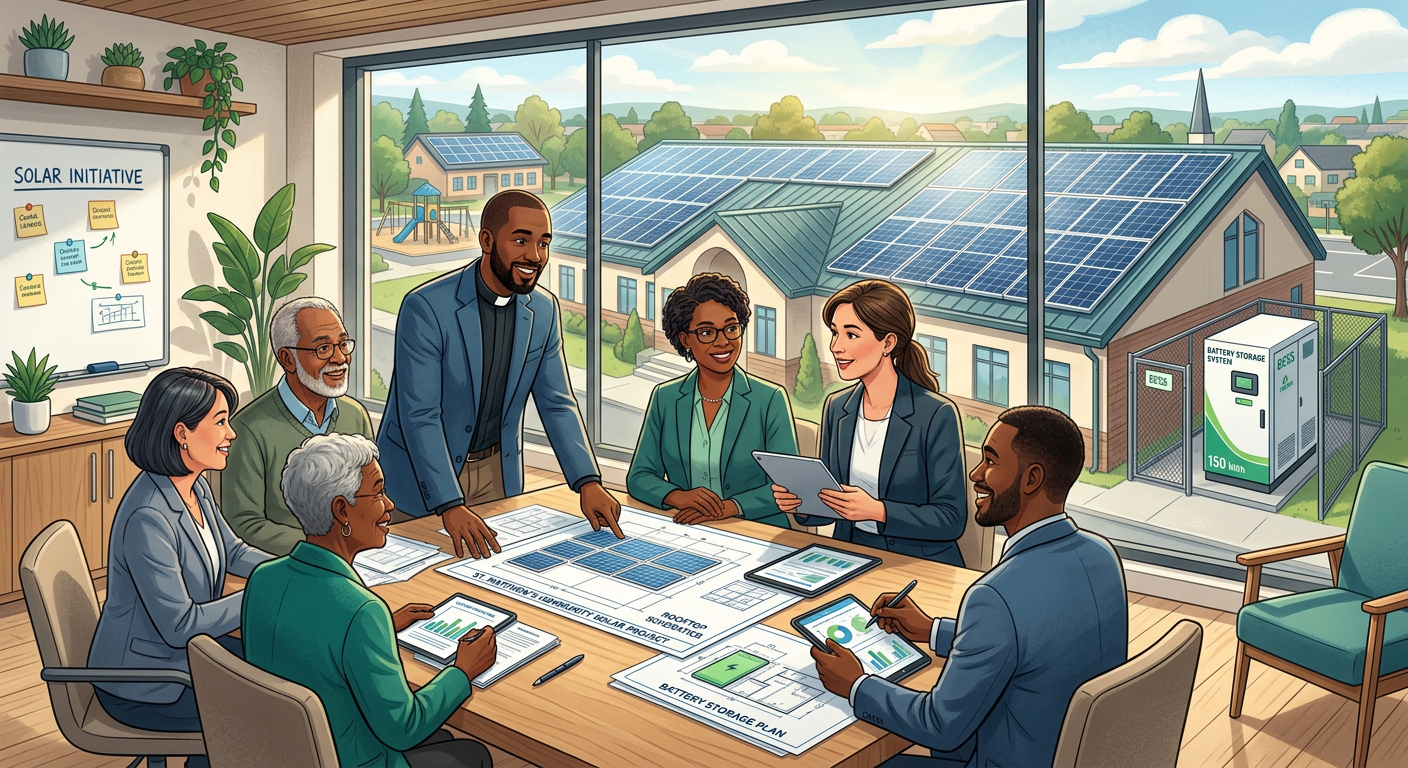Modern illustrative scene showing church leaders and school administrators reviewing rooftop solar plans beside an aerial ...