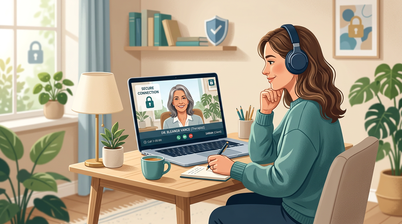 A modern, illustrative scene of a client using headphones and a laptop in a quiet, softly lit room while seeing a therapis...