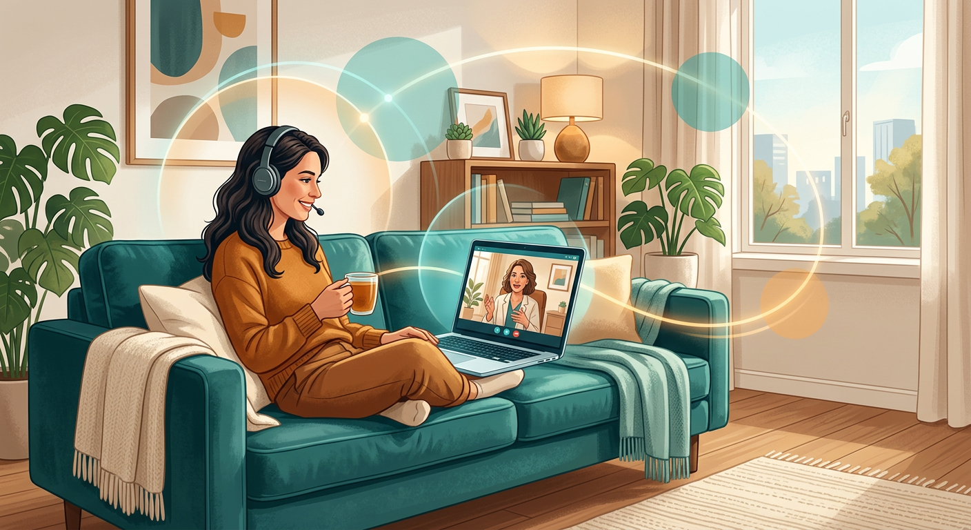 A modern illustrative scene of a person sitting comfortably on a couch in a secure telehealth session, with subtle visual ...