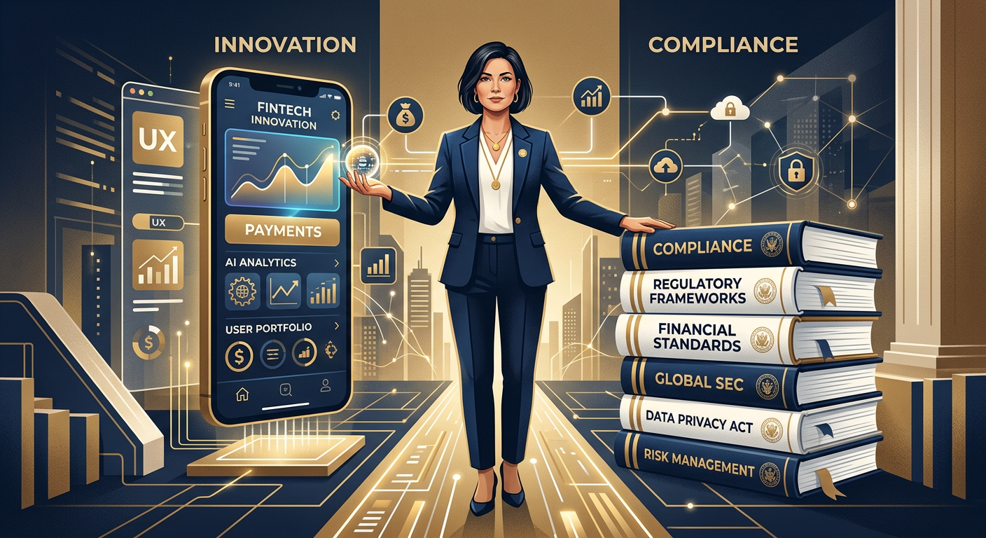 A modern editorial illustration of a fintech founder balancing innovation and compliance, standing between a mobile paymen...