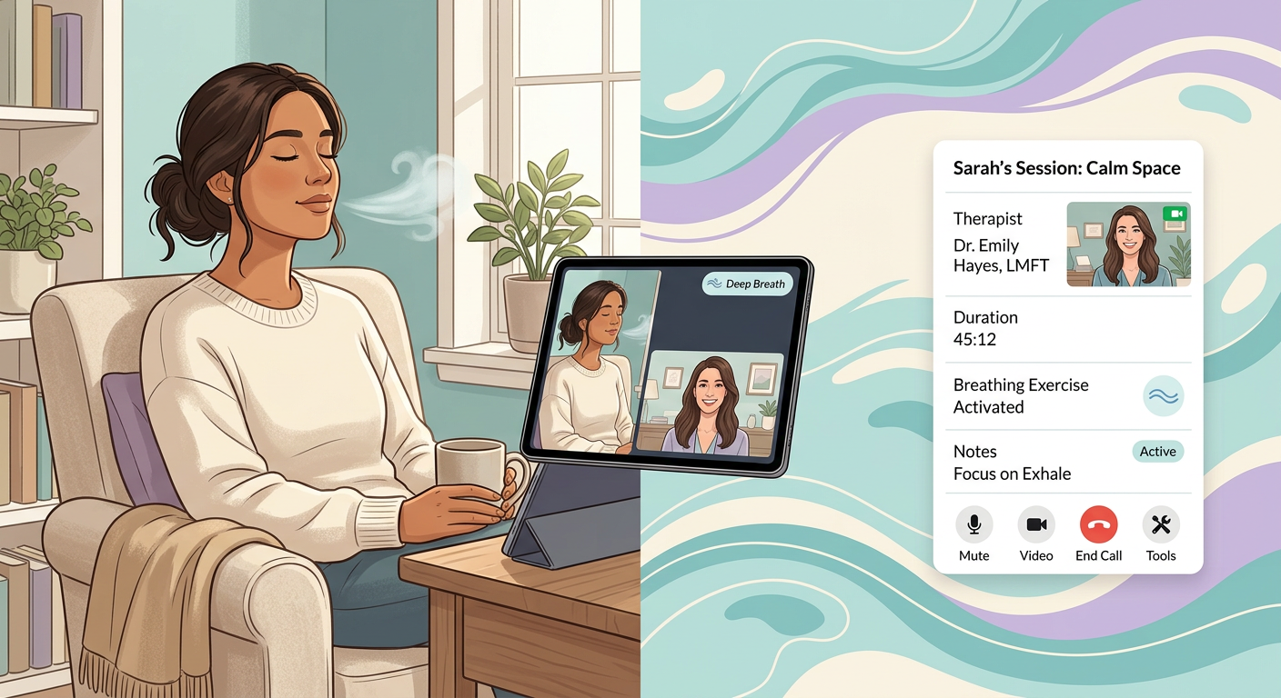 Modern illustrative scene of a person exhaling deeply during a virtual therapy session on a tablet, split composition with...