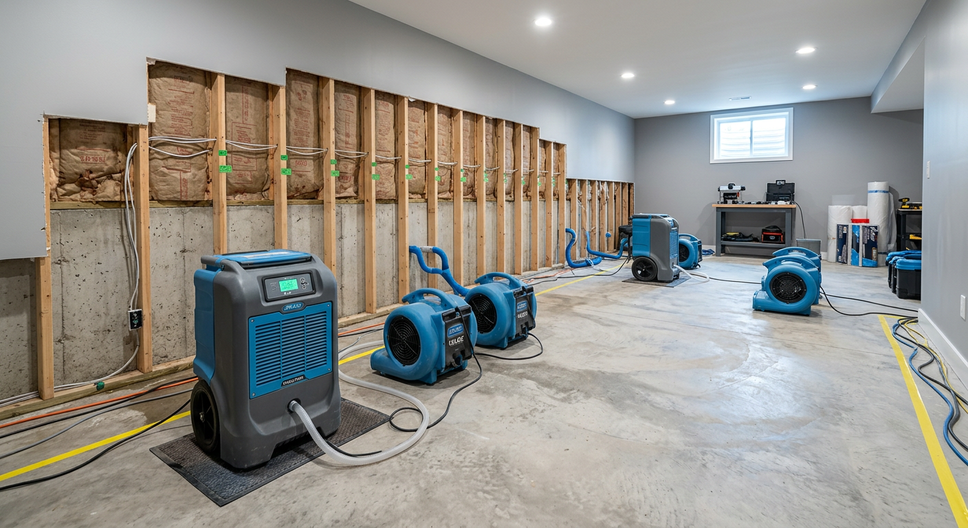Modern photorealistic interior of a basement drying process, dehumidifiers, air movers, and moisture control equipment arr...