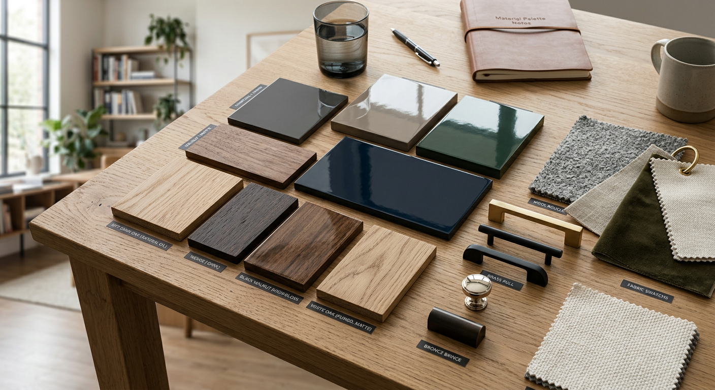 A close-up photorealistic view of premium wood and lacquer samples laid out on a designer’s table beside metal hardware an...
