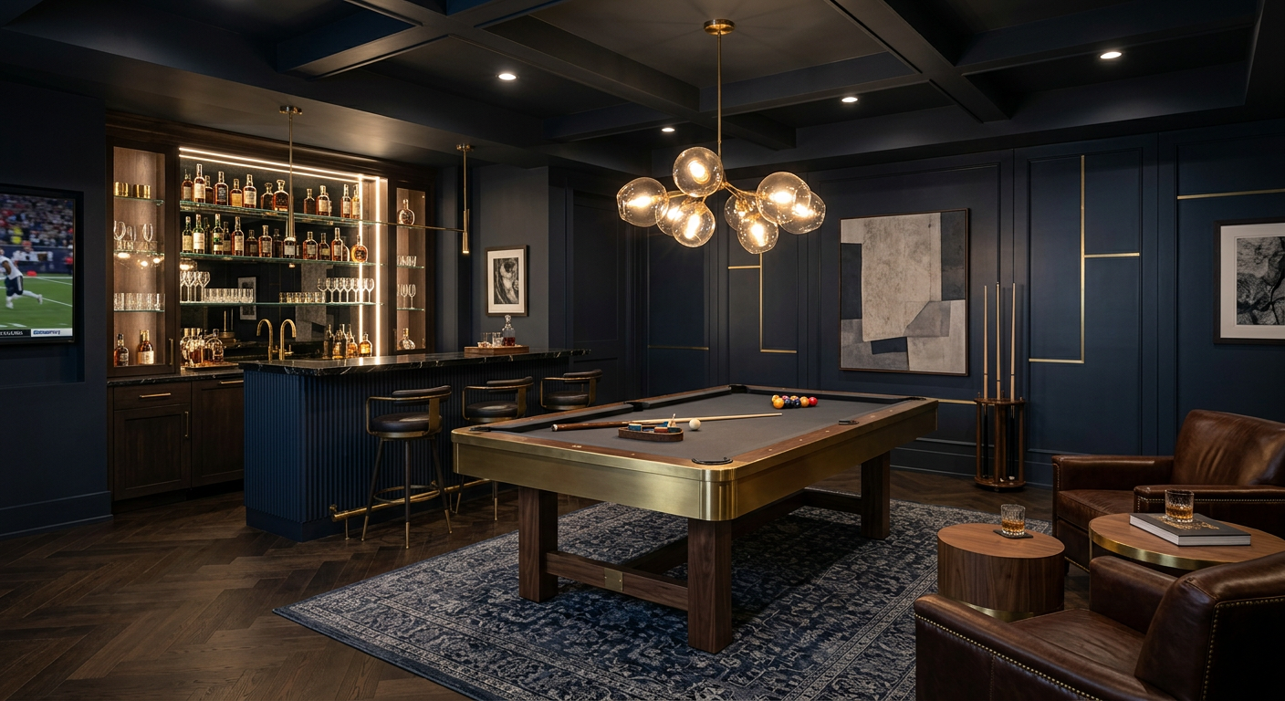 photorealistic interior scene of a high-end basement game room with a designer pool table centered under sculptural pendan...