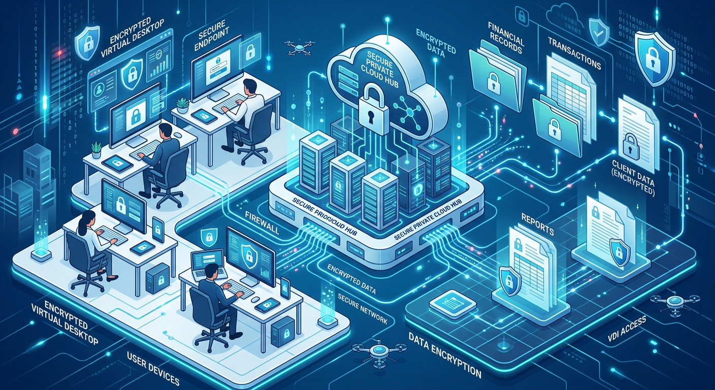 An illustrative isometric scene of encrypted virtual desktops, financial documents, user devices, and a secure private clo...