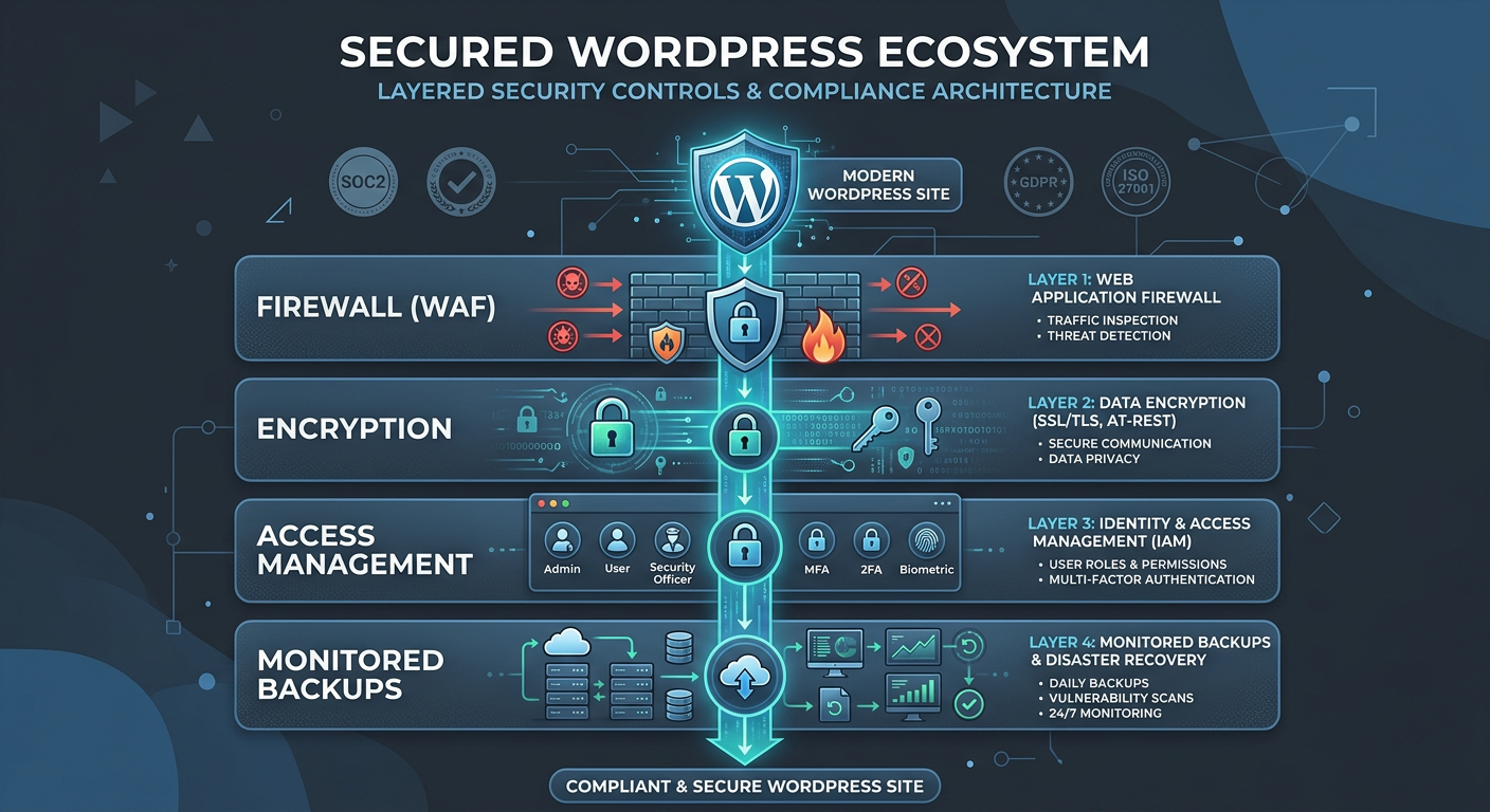 Modern illustration of a WordPress site flowing through layered security controls, including firewall, encryption, access ...