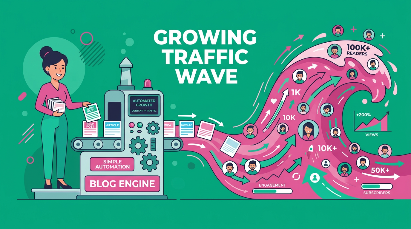 Flat cartoon-style in-content graphic of a small blog engine turning into a growing traffic wave, with one person adding c...