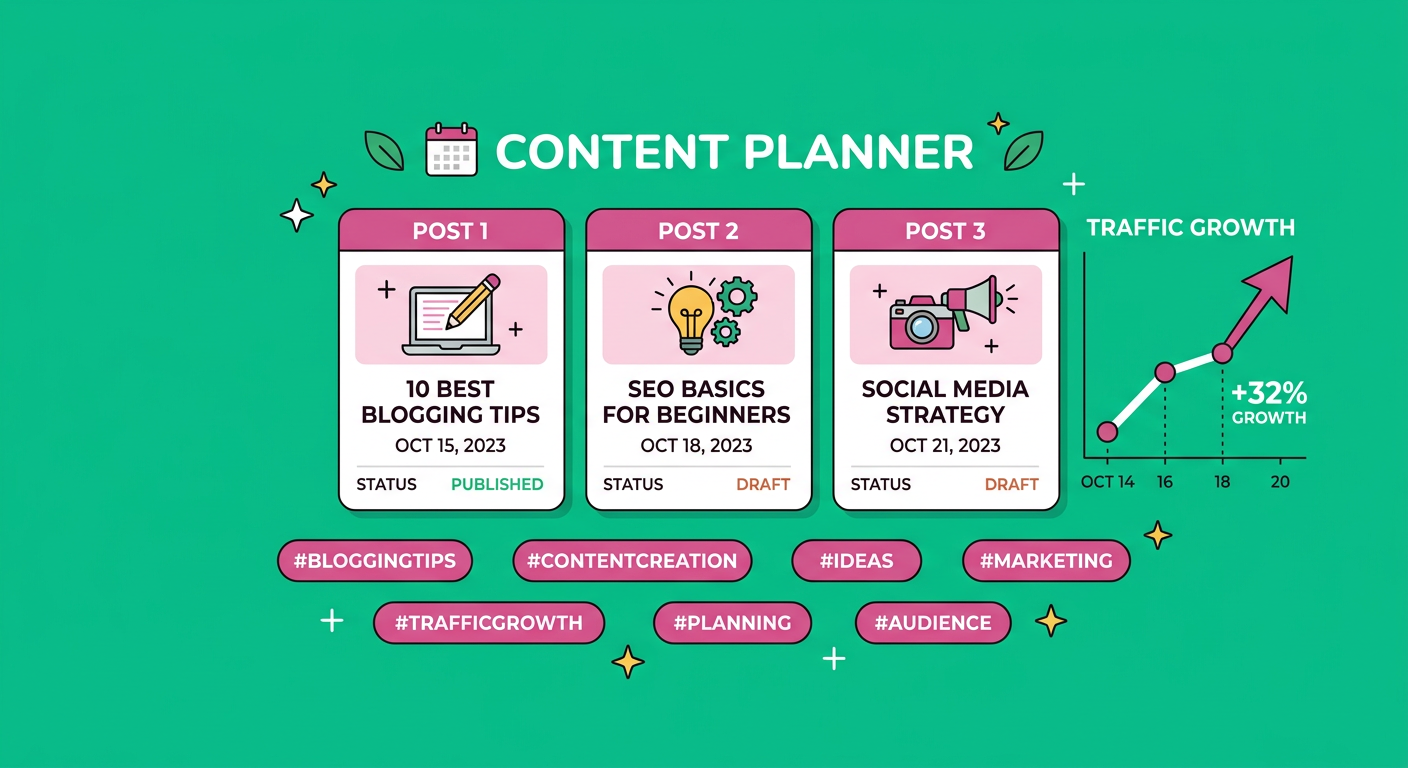Minimal flat illustration of a content planner with three blog post cards, keyword bubbles, and a simple traffic growth li...