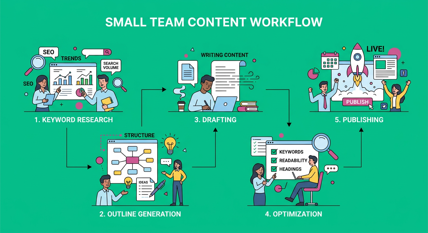 Clean modern illustration of a small team content workflow, showing keyword research, outline generation, drafting, optimi...