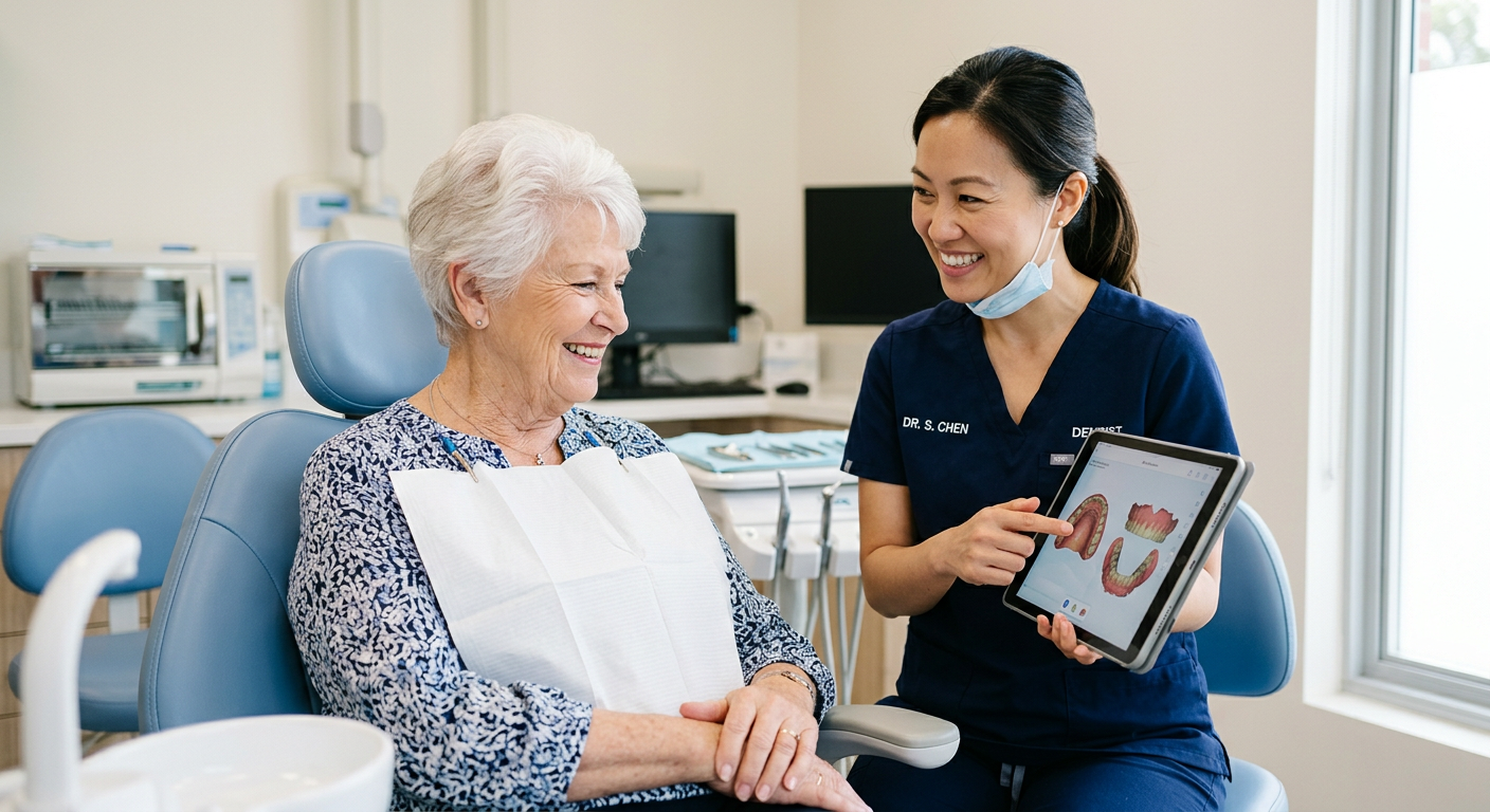 Photorealistic close-up of a smiling senior woman in a modern dental chair while a female dentist in professional attire r...