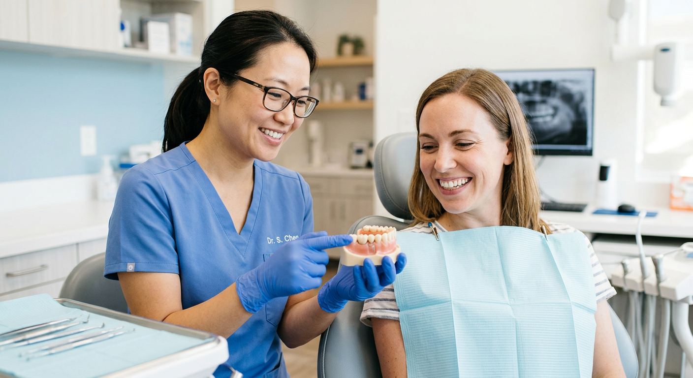 Detailed photorealistic close-up of a dentist holding a tooth model with a crown and bridge example beside a smiling patie...