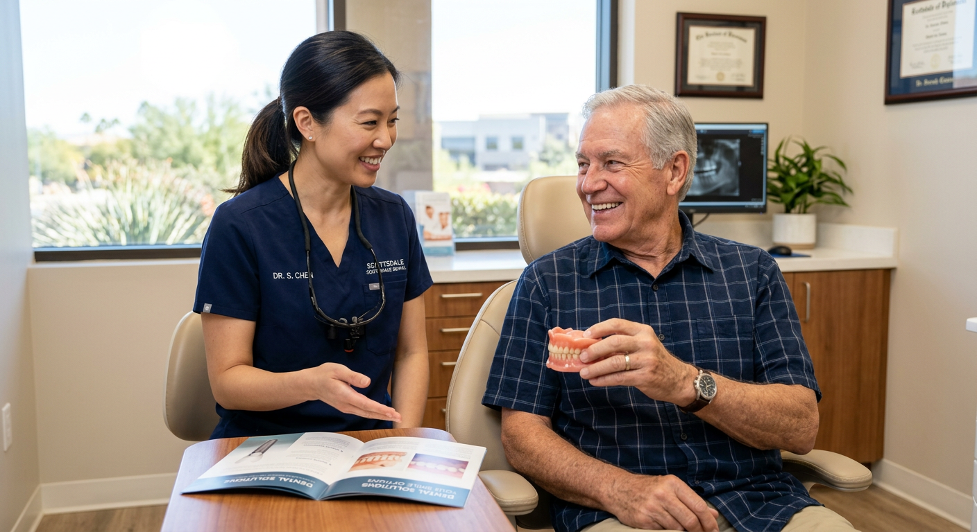 Photorealistic in-content image of a smiling senior man holding a natural-looking denture model in a bright Scottsdale den...