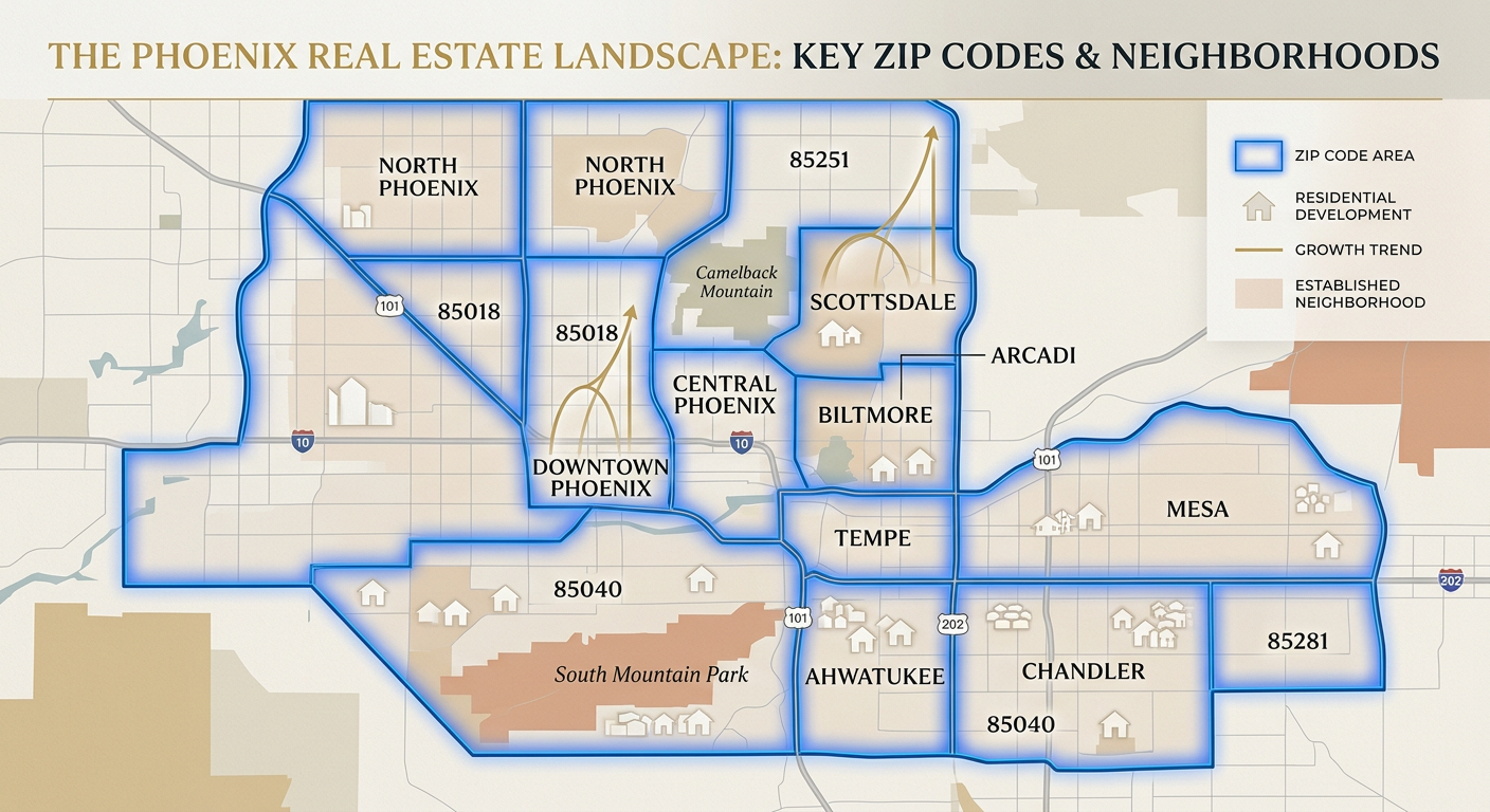 Modern editorial-style map concept of Phoenix neighborhoods with glowing highlighted ZIP code zones, subtle home silhouett...