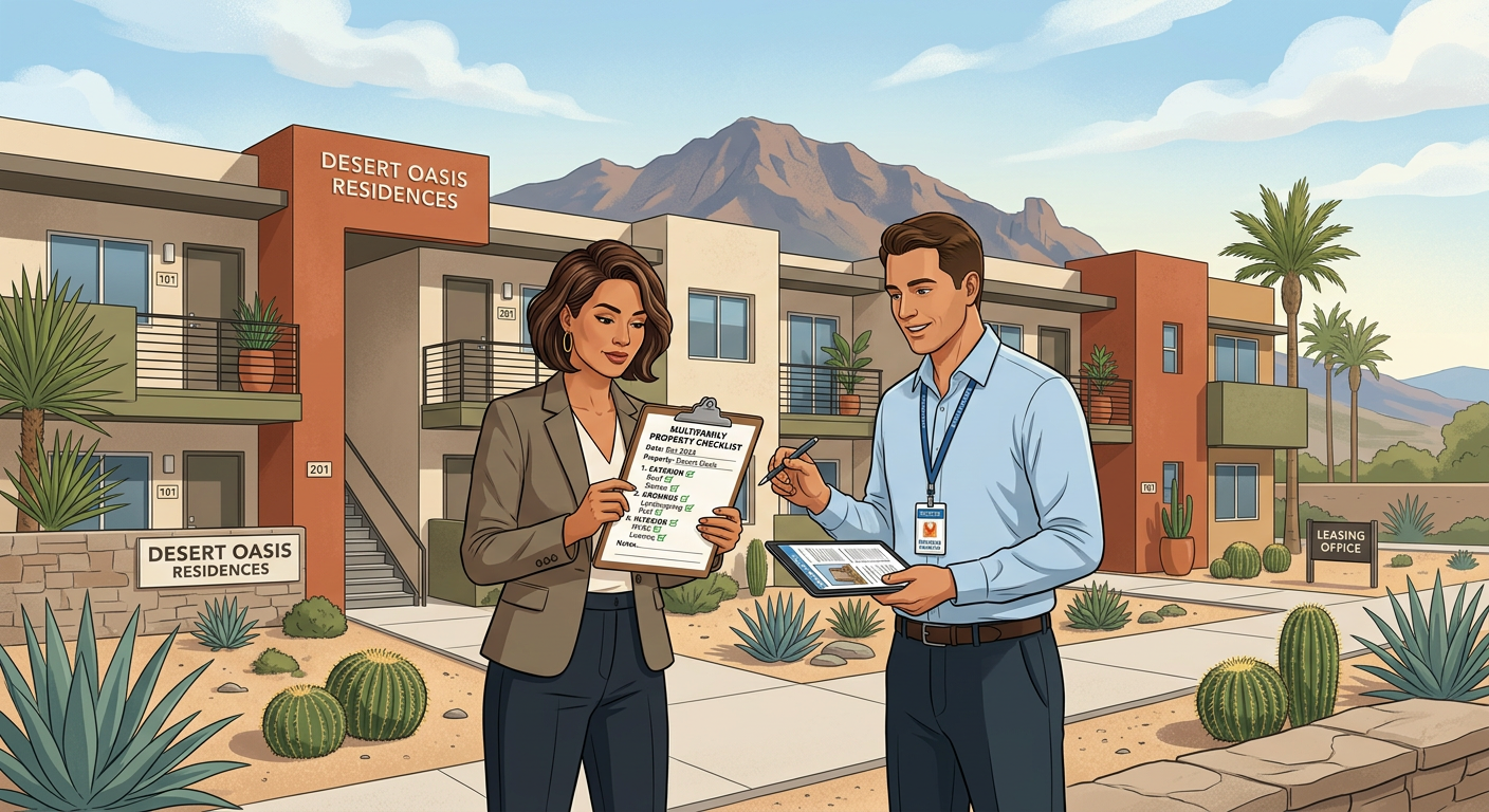 modern editorial illustration of a Phoenix investor reviewing a multifamily property checklist with a real estate agent ou...