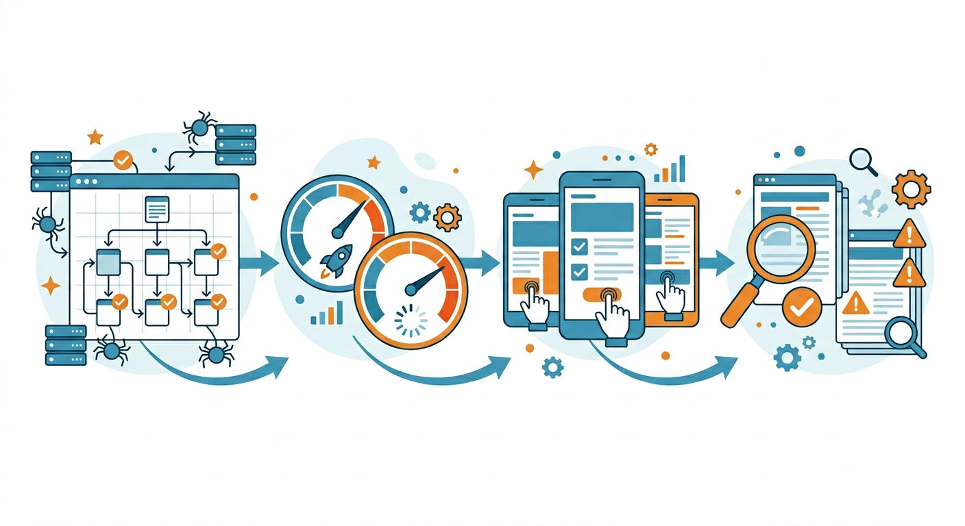 Flat cartoon-style illustration of a website audit workflow, showing crawl paths, speed gauges, mobile screens, and indexa...