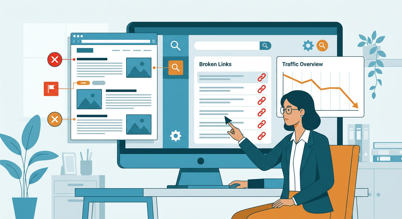 Modern flat-style illustration of an SEO audit in progress, showing a content page, broken links, declining chart elements...