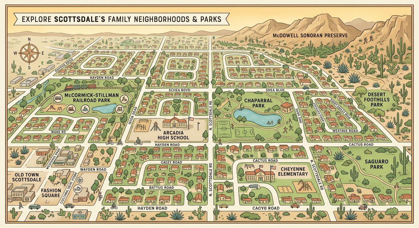 Modern illustrated map-style scene showing Scottsdale family neighborhoods, parks, school buildings, and desert landscapin...